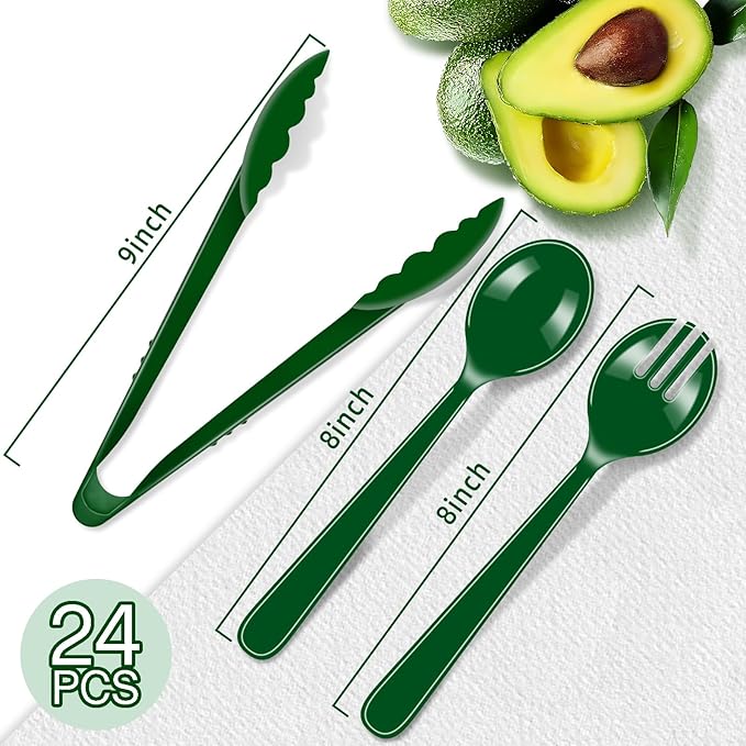 Reusable Serving Utensils Set 24 Pcs - 8 Heavy Duty Plastic Tongs, 8 Spoons & 8 Forks | Dishwasher Safe Buffet & Party Supplies for Wedding, Catering, Holidays
