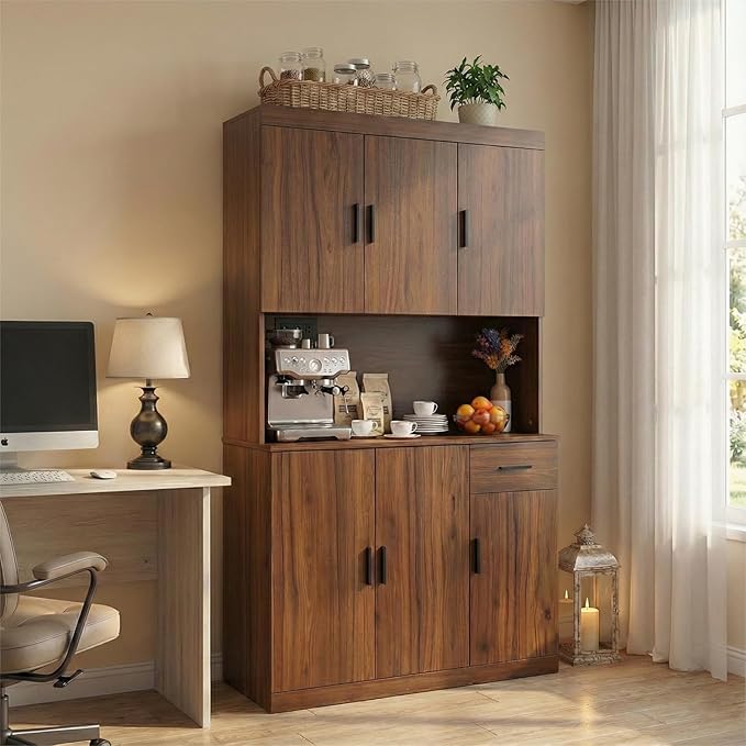 71 Inch Rustic Brown Pantry Cabinet with Power Outlet, Heavy-Duty Freestanding Kitchen Storage Organizer with Reinforced Frame, Pantry Hutch for Kitchen, Dining Room, Living Room