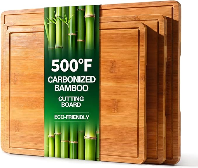 Zarler Bamboo Cutting Boards for Kitchen, 3 Piece Durable Wood Cutting Board with Juice Grooves and Handles, Wooden Chopping Borad Set for Meal Prep, 500??Carbonized Bamboo, Ideal Kitchen Gift