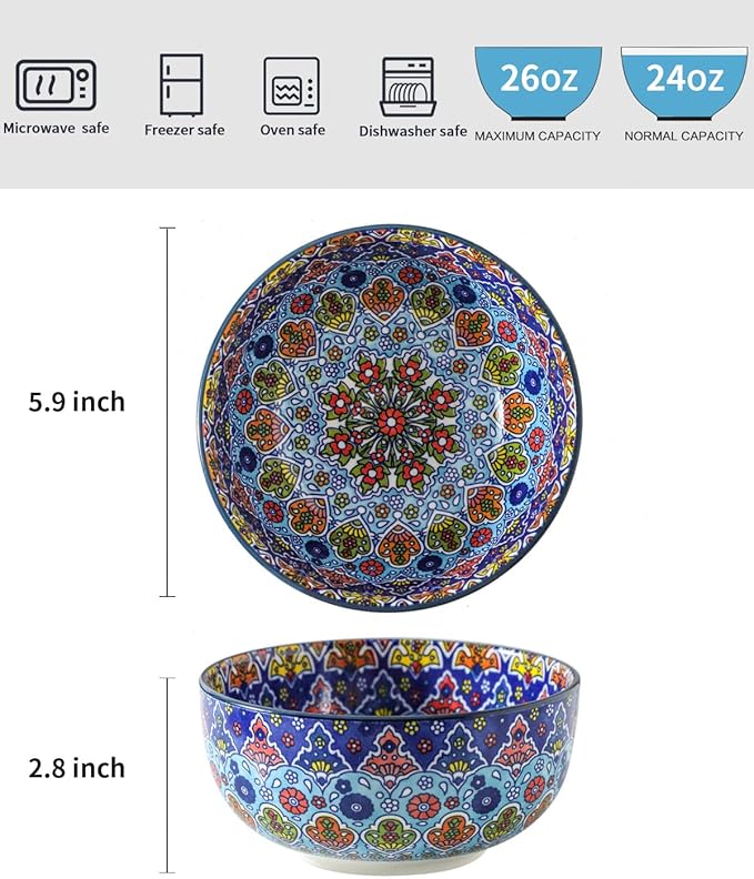 glowworm Cereal Bowls, 26 Oz Ceramic Soup Bowls Set of 4, Kitchen Bowls for Rice, Oatmeal, Fruit, Ice Cream, Dessert, Dishwasher & Microwave safe, Bohemian