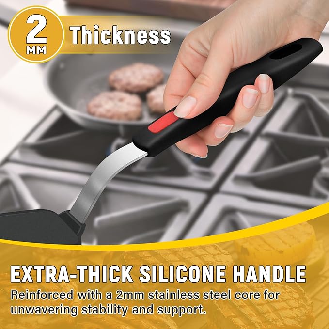 Flexible Silicone Spatula Turner, Heat Resistant Silicone Turner for Non-Stick Cookware, BPA-Free Food Grade Kitchen Spatula Utensils, Ideal for Flipping Eggs, Burgers, Pancakes, 11.8 x 2.4 in, Black