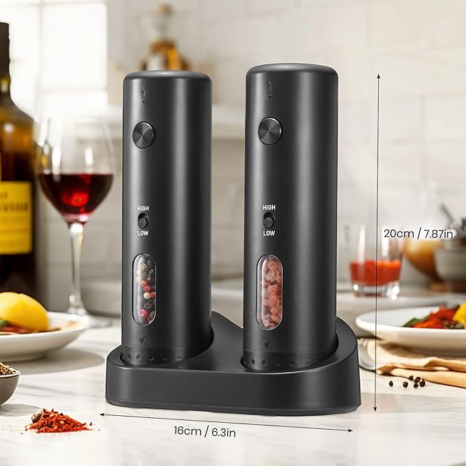 Rechargeable Salt Grinder Set Top-Refill Electric Grinders with Variable Grinding Speed, External Adjustable Coarseness, Black