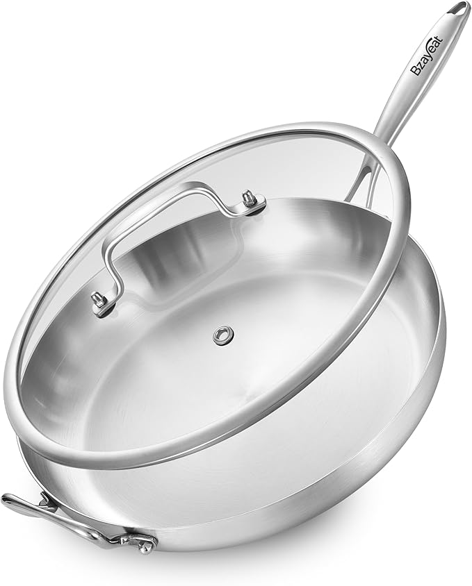 14-Inch Tri-Ply Stainless Steel Frying Pan with Lid & Detachable Handle - Induction Compatible Skillet, Oven & Dishwasher Safe, Ideal for Frying, Saut챕ing & Simmering