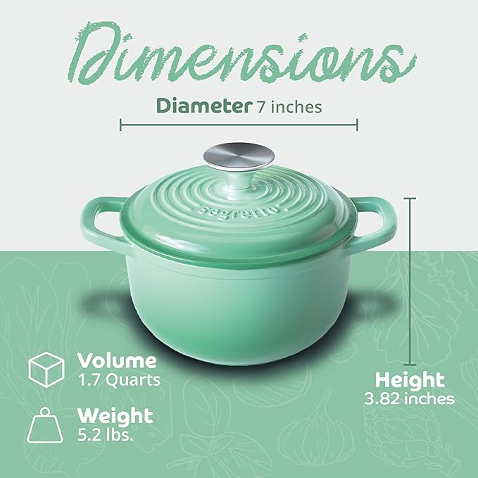Segretto Cookware Enamel Dutch Oven Cast Iron with Handle Verde Chiaro (Light Green) 1.7 Quarts Enameled Cast Iron with Lid Oven Cookware Pot 1.7 qt Small Dutch Oven for Bread Baking
