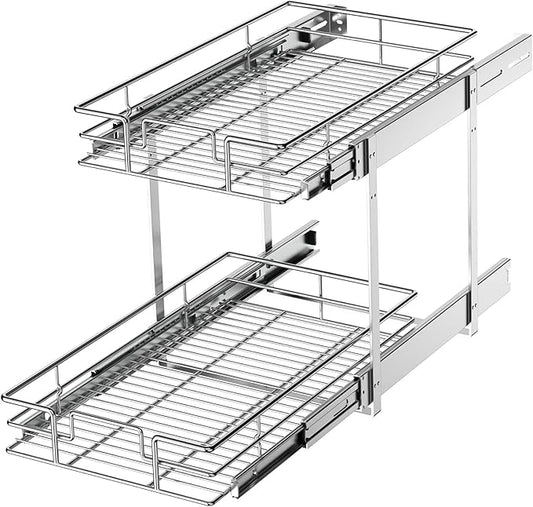 LOVMOR 2 Tier Individual Pull Out Cabinet Organizer 11쩍" W x 21쩍" D, Slide Out Kitchen Cabinet Storage Sliding Shelves