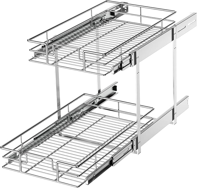 LOVMOR 2 Tier Individual Pull Out Cabinet Organizer 10쩍" W x 21쩍" D, Slide Out Kitchen Cabinet Storage Sliding Shelves
