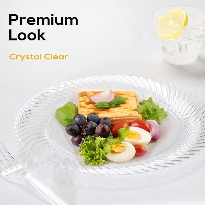 FOCUSLINE 10 Inch Clear Plastic Plates, 100 Count Disposable Heavy Duty Dinner Plates, Premium Hard Plastic for Weddings, Parties & Events