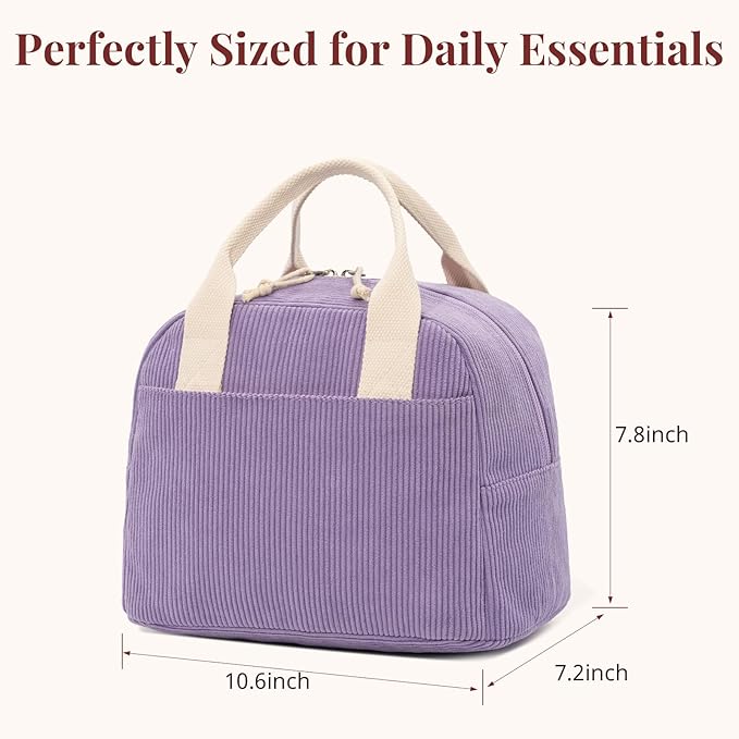 LOVELYWIND Insulated Purple Haze Lunch Bag for Women, Stylish Corduroy Tote with Aluminum Lining, Large Capacity Reusable Cooler for Work, Travel, or Beach, Beige Cream Water-Resistant Lunch Box