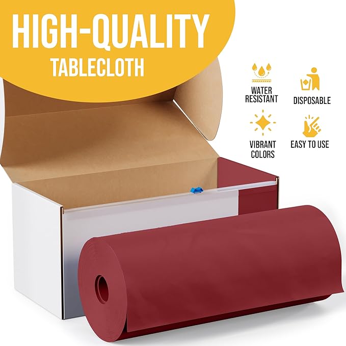 Party Solids 54 Inch X 300 Feet Burgundy Plastic Table Cover Roll in A Cut - to - Size Box with Convenient Slide Cutter. Cuts Up to 36 Rectangle 8 Feet Plastic Disposable Tablecloths