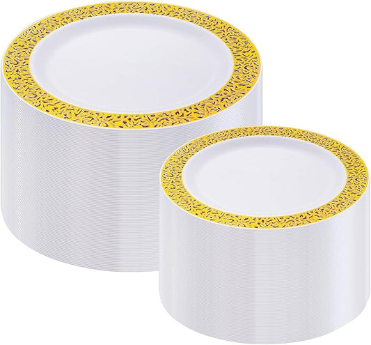 I00000 200 Pcs White and Gold Plastic Plates, Disposable Plastic Plates for 100 Guests Include: 100 Pcs Dinner Plate 10.25??and 100 Pcs Dessert Plate 7.5??Perfect for Party and Wedding