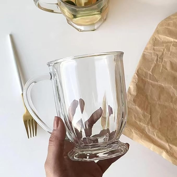 Clear Glass Coffee Mugs Set of 4, 16 OZ Large Glass Beer Cups with Handle,Bottom Nine-Sided Mug for Men and Women Hot Beverages,Tea, Cappuccino, Latte, Espresso, Juice Mothers