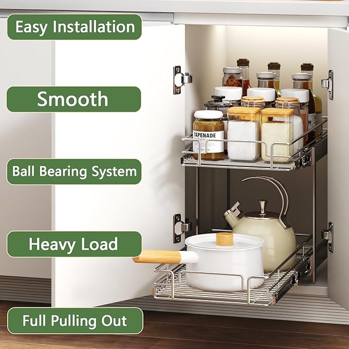 2 Tier Individual Pull Out Cabinet Organizer 12쩍" W x 21쩍" D, Heavy Duty Cabinet Pull Out Shelves, Slide Out Drawers Organization for Kitchen Cabinets Bathroom