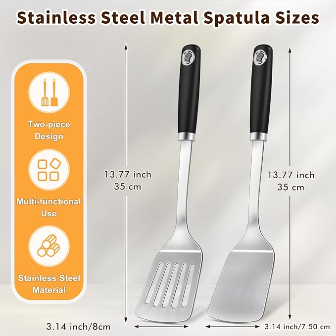 Stainless Steel Spatula, Metal Spatula Slotted Turner, Heavy Duty Sturdy Spatulas for Kitchen Use, High Heat Resistant Cooking Utensils for Fish Eggs Pancakes, Dishwasher Safe, Easy to Clean, Silver