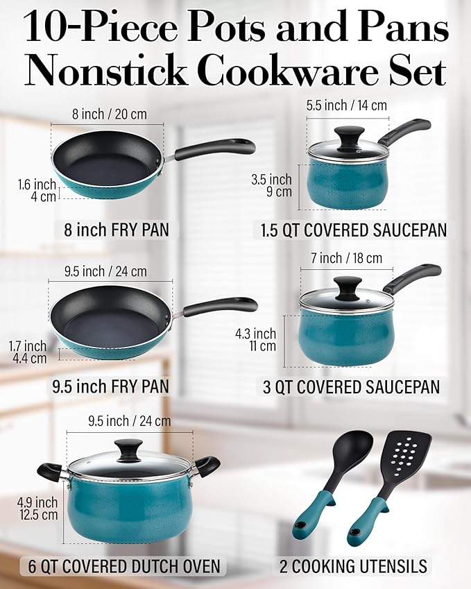 Cook N Home Pots and Pans Nonstick Cookware Set 10-Piece, Belly Shape Kitchen Cooking Set with Frying Pans and Saucepans, Induction Compatible, Turquoise