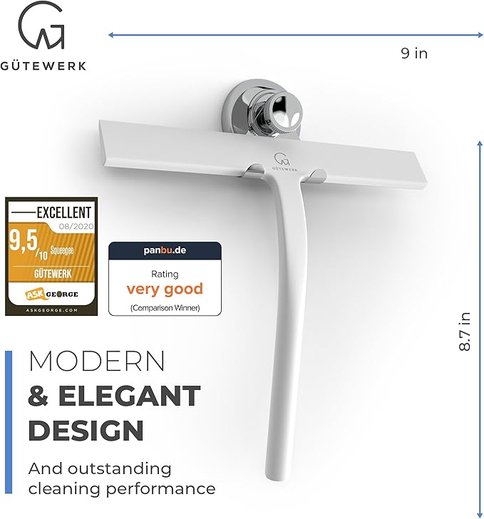 G횥TEWERK Shower Squeegee for Glass Doors, Silicone Window Squeegee, Bathroom and Glass Cleaning - White - 9 Inch
