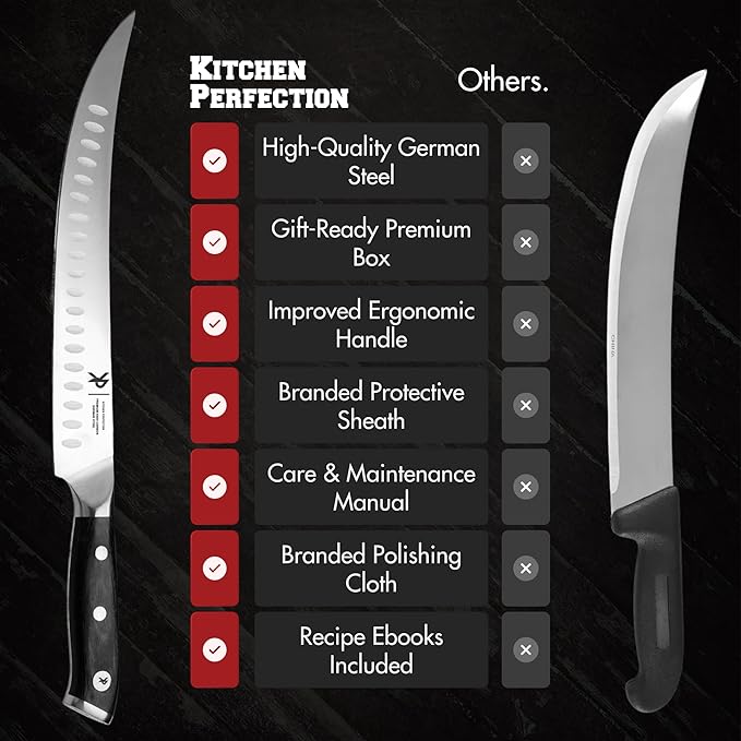 KITCHEN PERFECTION 10??Butcher Knife for Meat Cutting & Trimming-Ultra Sharp Cimeter Breaking Carving Knife with Sheath- Premium German Steel,Full Tang Ergonomic Handle -Perfect Grilling Gifts for Men