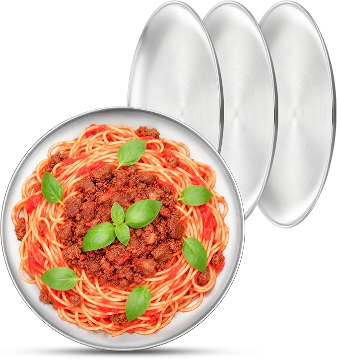 Metal Dinner Plate, 4 Pack 10.2 inch Large 201 Stainless Steel Plates, Reusable Lunch Salad Pizza Food Serving Snack Eating Dishes Round Brushed Finish Silver Sturdy Dish Oven Dishwasher Safe