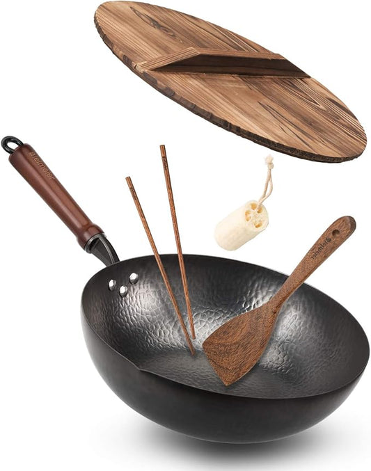 BIELMEIER Wok Pan 12.5", Woks and Stir Fry Pans with lid, Carbon Steel Wok with Cookware Accessories, Flat Bottom Suits for all Stoves
