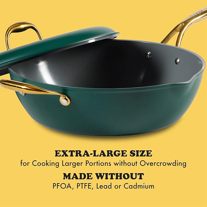 Frok 13" Frying Pan Wok Skillet 4MM Thick Quick Heat Aluminum Cookware w/Aluminum Lid Premium PFA Free Ceramic Nonstick Interior & Heat Resistant Exterior - Induction - Green & Gold