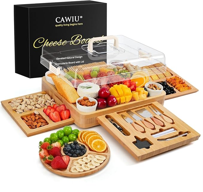 Charcuterie Board with Lid ??Large Bamboo Cheese Board Set with Utensils & Drawers ??Housewarming, Wedding Gifts for Couples, Serving Tray with Cover (Cream)