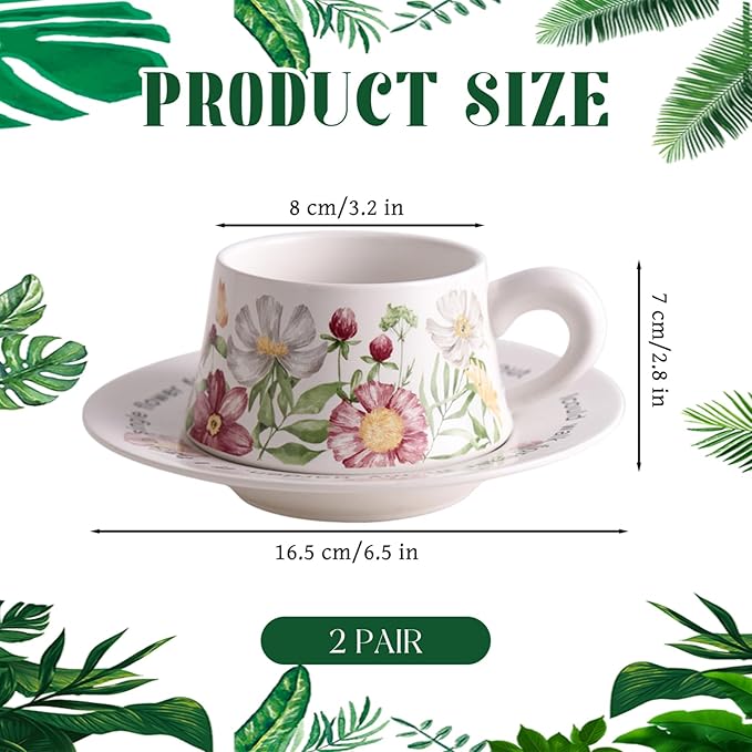 Teacup and Saucer Set with 2 Tea Cups and 2 Saucers Vintage Ceramic Espresso Coffee Mug for Coffee, Latte, Cappuccino