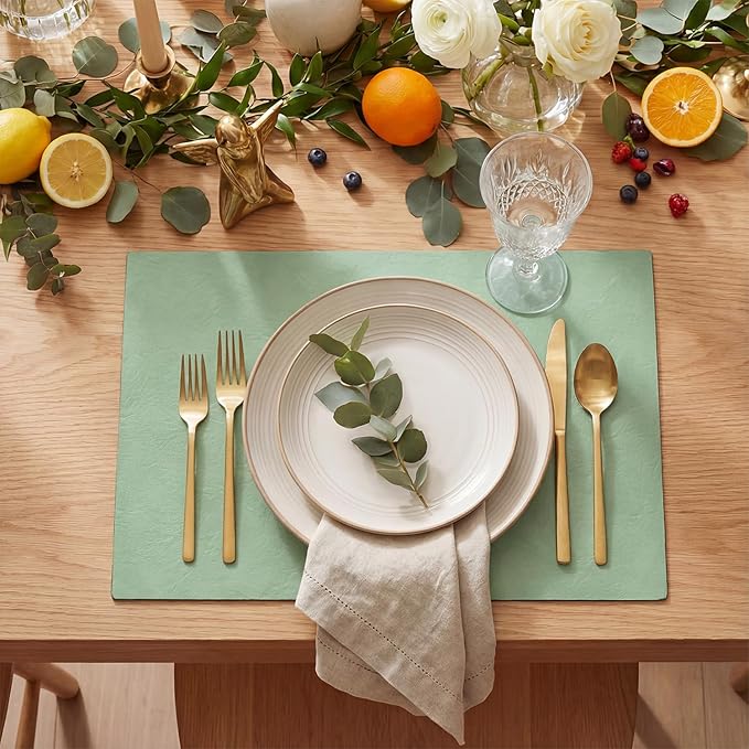 Artoid Mode Sage Faux Leather Placemats Set of 6, 12x18 Inch Waterproof Wipeable Heat Resistant Place Mats, Reversible Table Mats for Spring Kitchen Dining Decor