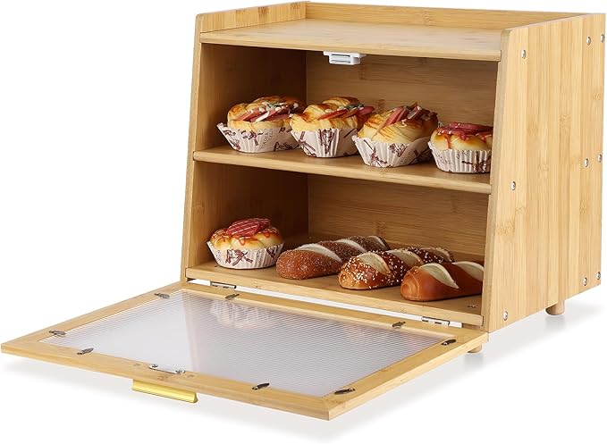 Double Layer Bread Box, Large Capacity Kitchen Counter Storage Container with Acrylic Clear Window and Hinge Door,Farmhouse Style Bread Keeper,Natural