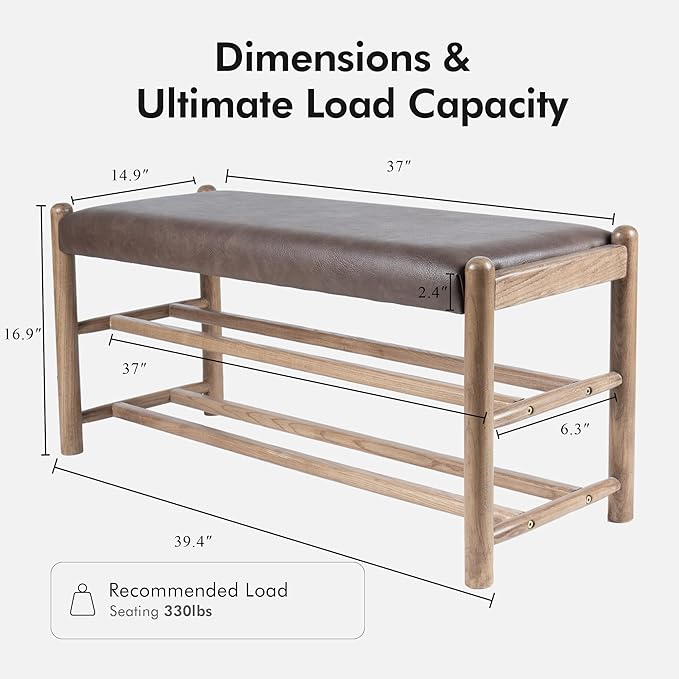 XINNAN Solid Wood Entryway Bench with Shoe Storage, Rustic Oak Wood and PU Leather 39.4 Inch Long Seating for Living and Dining Rooms, 3-Tier Brown