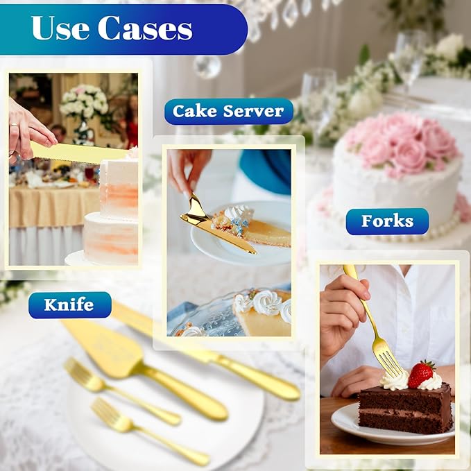 Cake Cutting Set for Wedding, Elegant Cake Knife and Server Set with Stainless Steel Forks, Cake Cutter and Pie Spatula for Couples Wedding Registry, Engagements, Anniversary, 4 Pcs, Gold