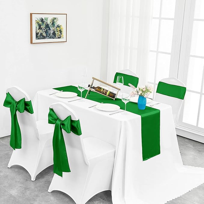 10-Pack Emerald Green Satin Table Runner 12 x 108 Inch Long Bright and Smooth Silk Fabric Table Runner for Wedding Banquet Birthday Party Decoration