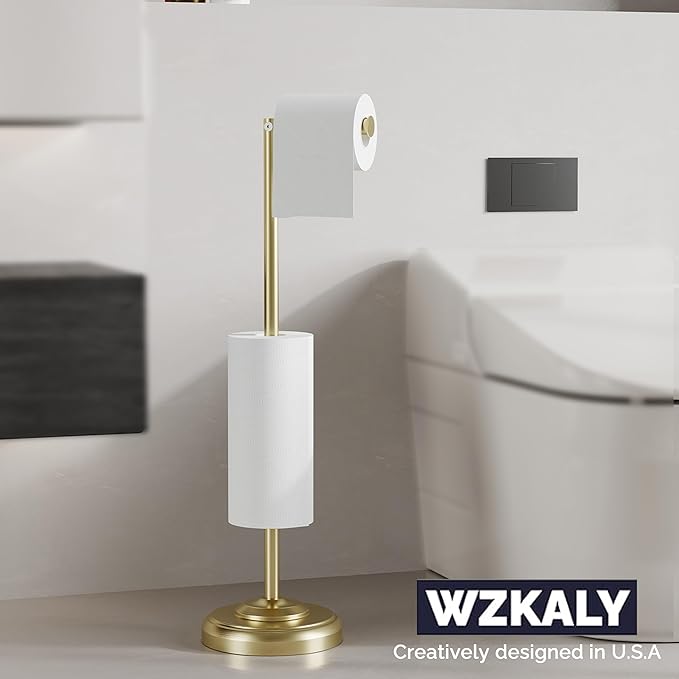 Freestanding Toilet Paper Holder Stand with Storage ??Holds 4 Extra Rolls ??Brushed Gold Toilet Paper Holder for Bathroom ??Sturdy Base, Classic Retro Style, Space-Saving Bathroom Storage