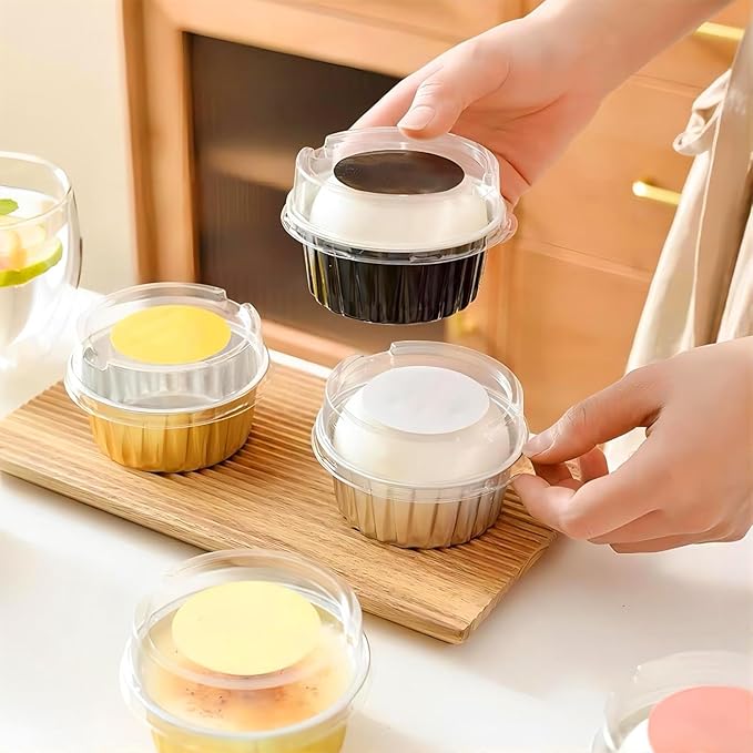 Fodofodo 25PCS Round Mini Loaf Pans with Lids,Mini Cake Pans with Lids,Disposable Ramekins Baking Cups Muffin Tins Cupcake Cups for Wedding Birthday Party,5oz（Black Gold）