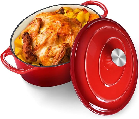 P&P CHEF Oval Dutch Oven with Lid, Enameled Cast Dutch Oven Pot for Bread Baking, Braising, Stewing, Roasting, Non-Stick & Oven Safe, Dual Handles & Easy Clean, 7QT & Red