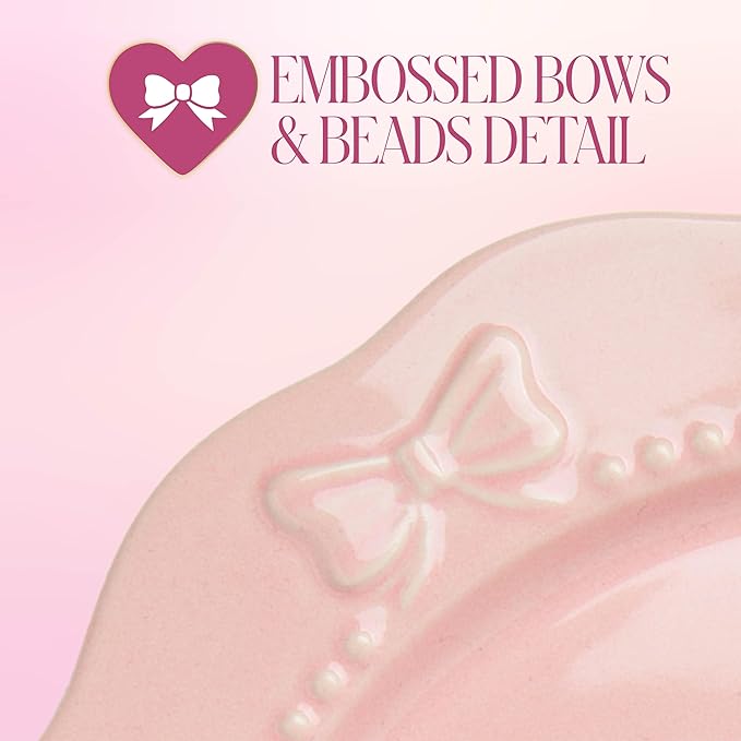 Paris Hilton 12-Piece Dinnerware Set, Embossed Bow Design, Iconic Ceramic Stoneware Service for 4 with Dinner Plates, Salad Plates, and Bowls, Microwave & Dishwasher Safe, Pink