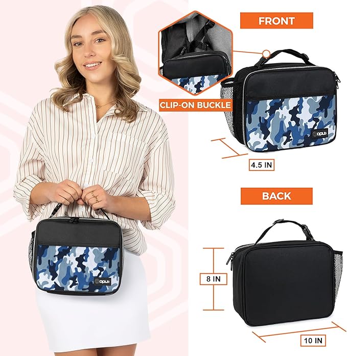 opux Insulated Lunch Bag Kids, Lunch Box for School Boy Girl, Leakproof Small Reusable Compact Soft Mini Cooler Bag, Toddler Small Lunch Boxes Kit Pail with Front Side Pockets (Camo Blue)