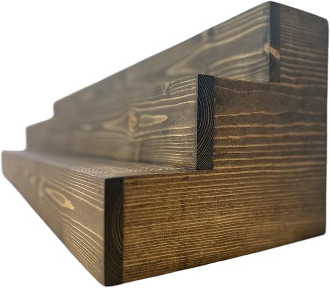 Handmade Tiered Display Shelving - Three Tier Bar Display - Bar Organizer - Liquor Bottle Display (18" with Back, Dark Walnut)