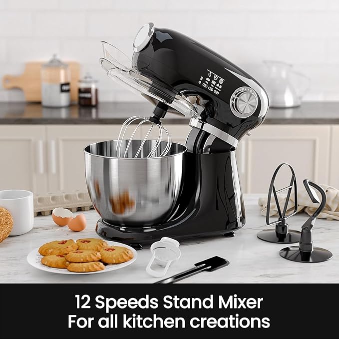 Kismile 5.5QT Tilt-Head Stand Mixer, 12-Speed Electric Kitchen Mixer with 304 Stainless Steel Bowl - Includes Dough Hook, Whisk, Beater for Baking Bread, Cakes, Cookies（Black）
