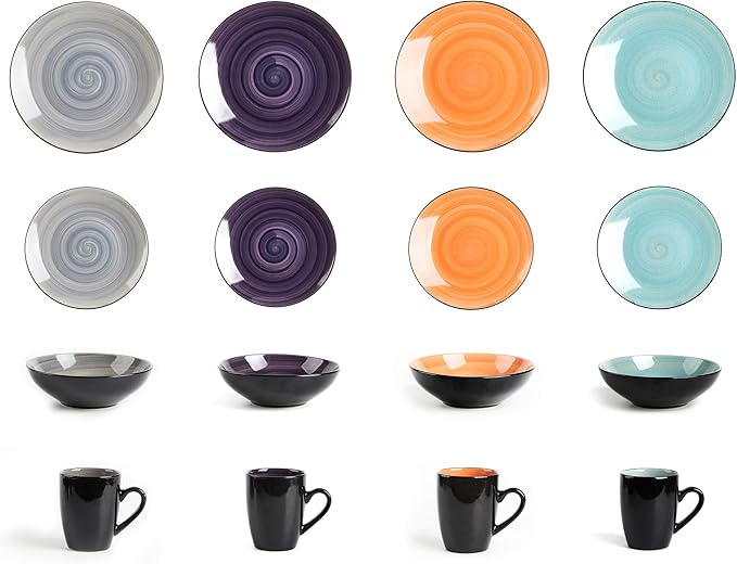Stoneware Sonoma 16pc Dinnerware Set, Black + Speckled Spin Wash Mix Colors Grey, Orange, Purple, Turquoise