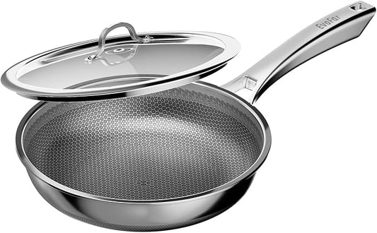 12 Inch Hybrid Nonstick Frying Pan, Stainless Steel Pan Non Stick Skillet, PFOA Free Cookware, Non Toxic Chef's Pan, Compatible with Electric, Gas and Induction, with Lid