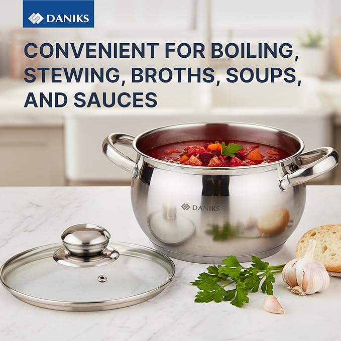 Daniks Classic 2 Quart Stainless Steel Stock Pot with Glass Lid, Tri-Ply Bottom for Even Heating, Induction Compatible, Dishwasher Safe