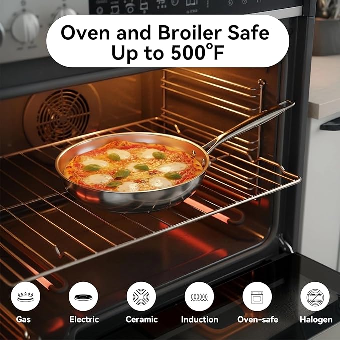 Professional Grade 316L Stainless Steel Frying Pan | 8 Inch Skillet with Glass Lid | Healthy PFOA/PFOA-Free & Dishwasher Safe | Induction & Gas Stove Compatible, Oven Safe to 500째F