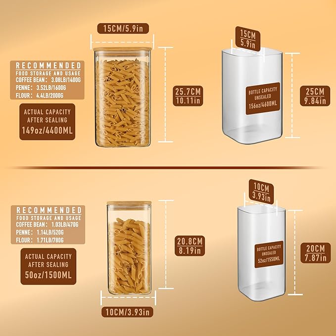 156oz 52oz Airtight Glass Square Storage Canister with Bamboo Lid Set of 2(4600ml*1 1550ml*1) Large Gallon Glass Jars for Sugar, Flour, Cookies and Coffee beans (?럚ith Black Lable)