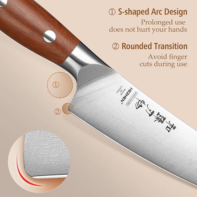 HEZHEN Petty Knife - 5.3??Chef Utility Knife, High Carbon German 1.4116 Stainless Steel Blade, Full Tang, Red Wood Handle, Premium Gift Box,