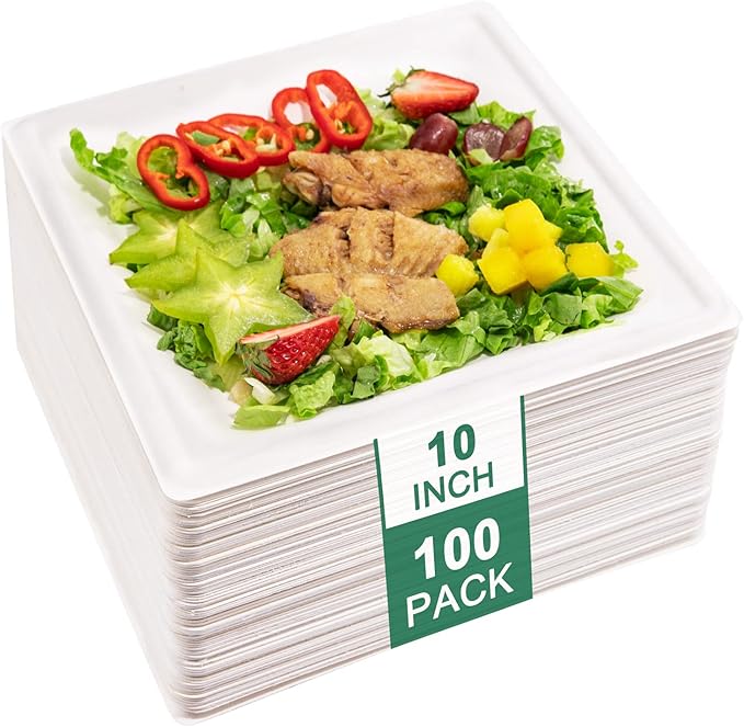 SUT 10-Inch Compostable Paper Plates, 100 PCS Square Biodegradable Bagasse Plates, Heavy-Duty Microwaveable Plates, Eco-Friendly Natural Disposable Plates, Made of Sugarcane Fibers, for Party, Picnic