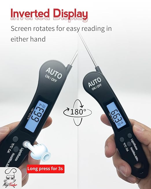 Digital Food Thermometer with Fast 1-Second Reading, 짹1째F Accuracy, -58째F to 572째F Range | Foldable Probe, Magnetic Back, Backlit LCD, Auto-Off for Grilling, Baking, Smoking