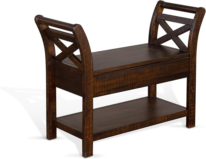 Empire USA Rustic Storage Bench, Mahogany Wood with Lower Shelf (Tobacco Leaf Finish)