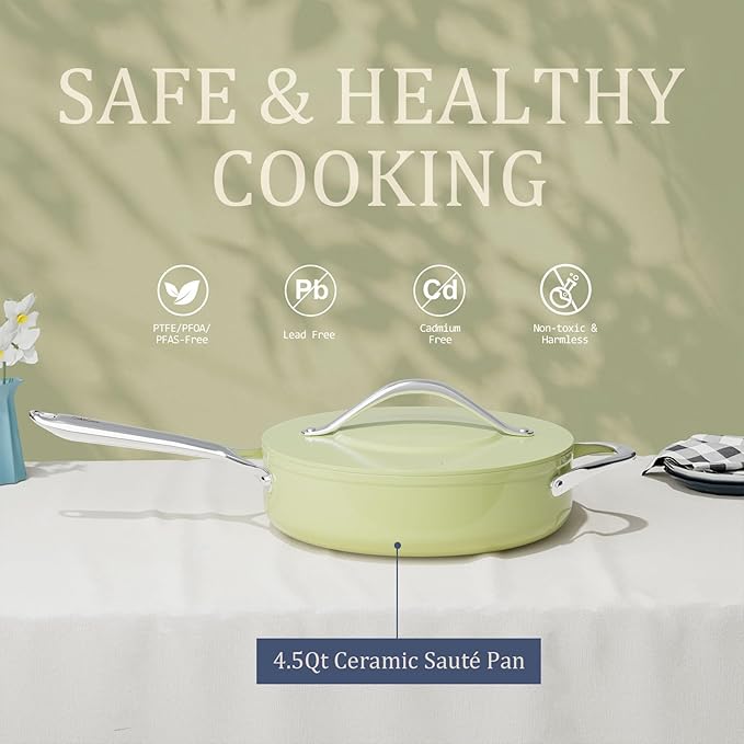 Nonstick Ceramic Saut챕 Pan with Lid (4.5 qt, 11") Deep Frying Pan for All Cooktops Non Toxic Skillet PTFE/PFAS Free, Dishwasher & Oven Safe up to 500째F w/Stay-Cool Handle, Olive Green