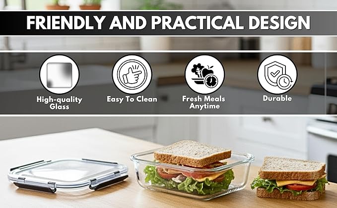Glass Food Storage Containers Set of 5, Airtight Glass Meal Prep Containers, BPA-Free Lunch Containers for Microwave, Oven, Freezer & Dishwasher Safe（35oz）