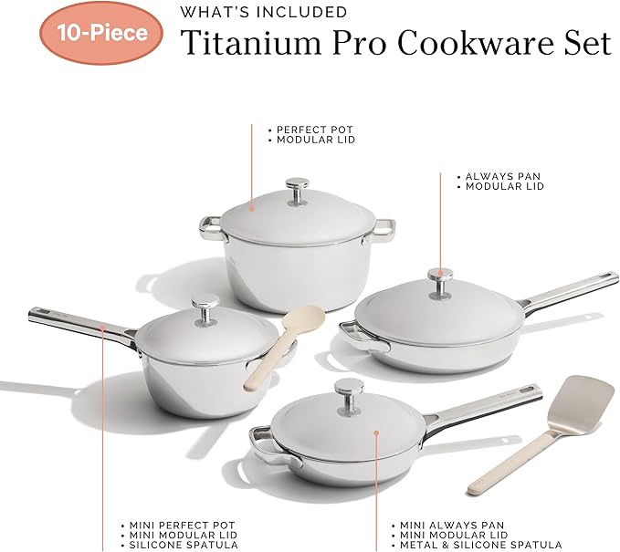 Our Place Titanium Pro Cookware Set | 10-Piece Pots and Pans Set with Always Pan Pro, Perfect Pot Pro & Minis | Non-Toxic No-Coating Nonstick | Induction & Oven-Safe up to 1000째F | Chrome
