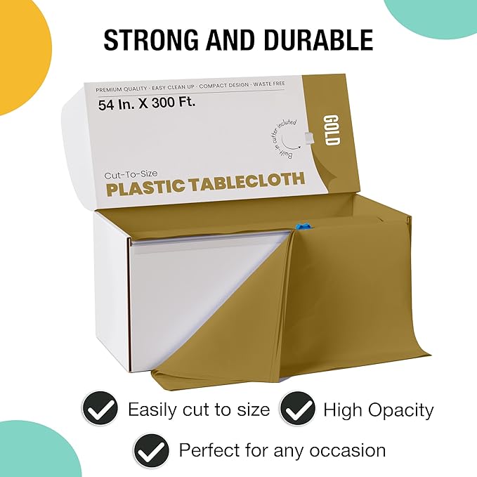 Party Solids 54 Inch X 300 Feet Gold Plastic Table Cover Roll in A Cut - to - Size Box with Convenient Slide Cutter. Cuts Up to 36 Rectangle 8 Feet Plastic Disposable Tablecloths